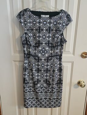 Black, Blue, & White Patterned Cap-Sleeve Dress